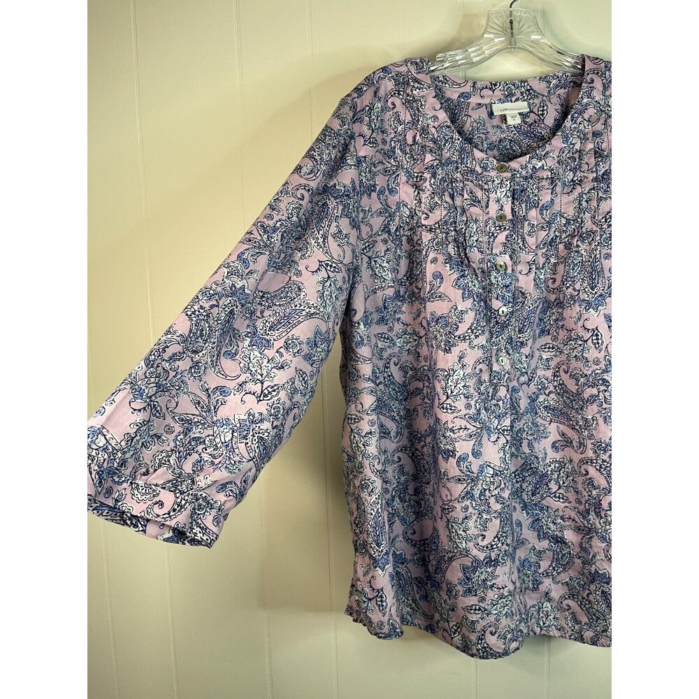 J Jill Love Linen Blouse Top XL Printed Pintucked Popover Lagenlook Coastal Boho - Picture 4 of 16